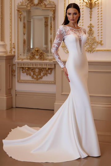 Sirène blanche illusion col manches longues traîne cour robe de mariée avec dentelle